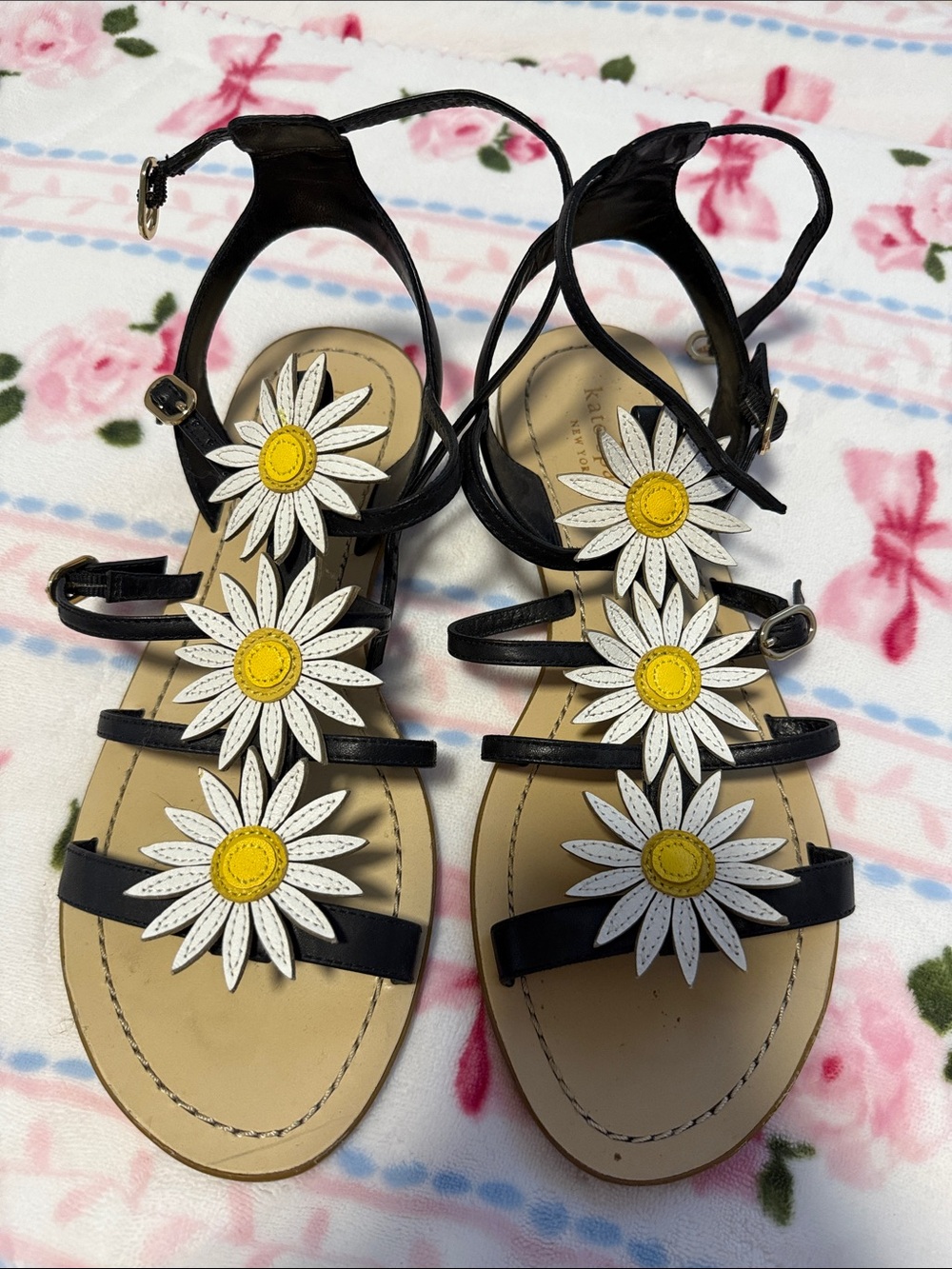 Kate Spade Black Daisy Appliqué Strappy Sandals - Women
